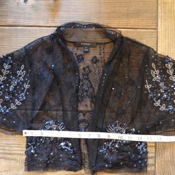 Vintage Y2K Sheer Sequin Mesh Shrug Womens XS Black Cropped Whimsigoth Fairy Top - Picture 6 of 8